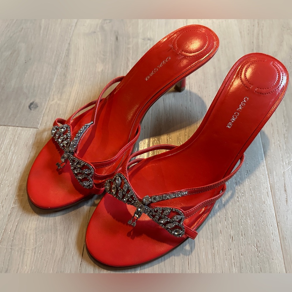 Vintage Y2K Dragonfly Kitten Heel Leather Sandals Coral size 9